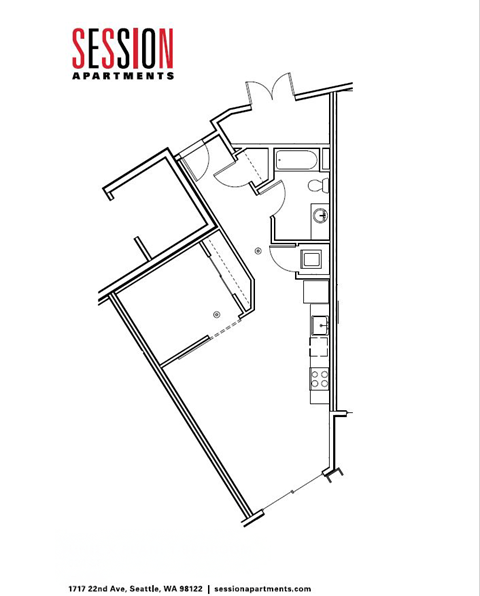 Floor plan for 1 bed, 1 bath, 623 sqft
